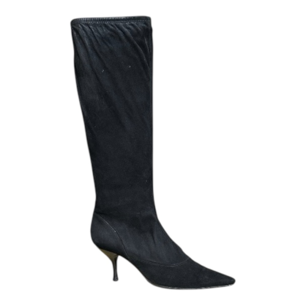 Sergio Rossi Black Stretchy Suede Pointed Toe Sock Knee-High Boots Size 38 / 7.5